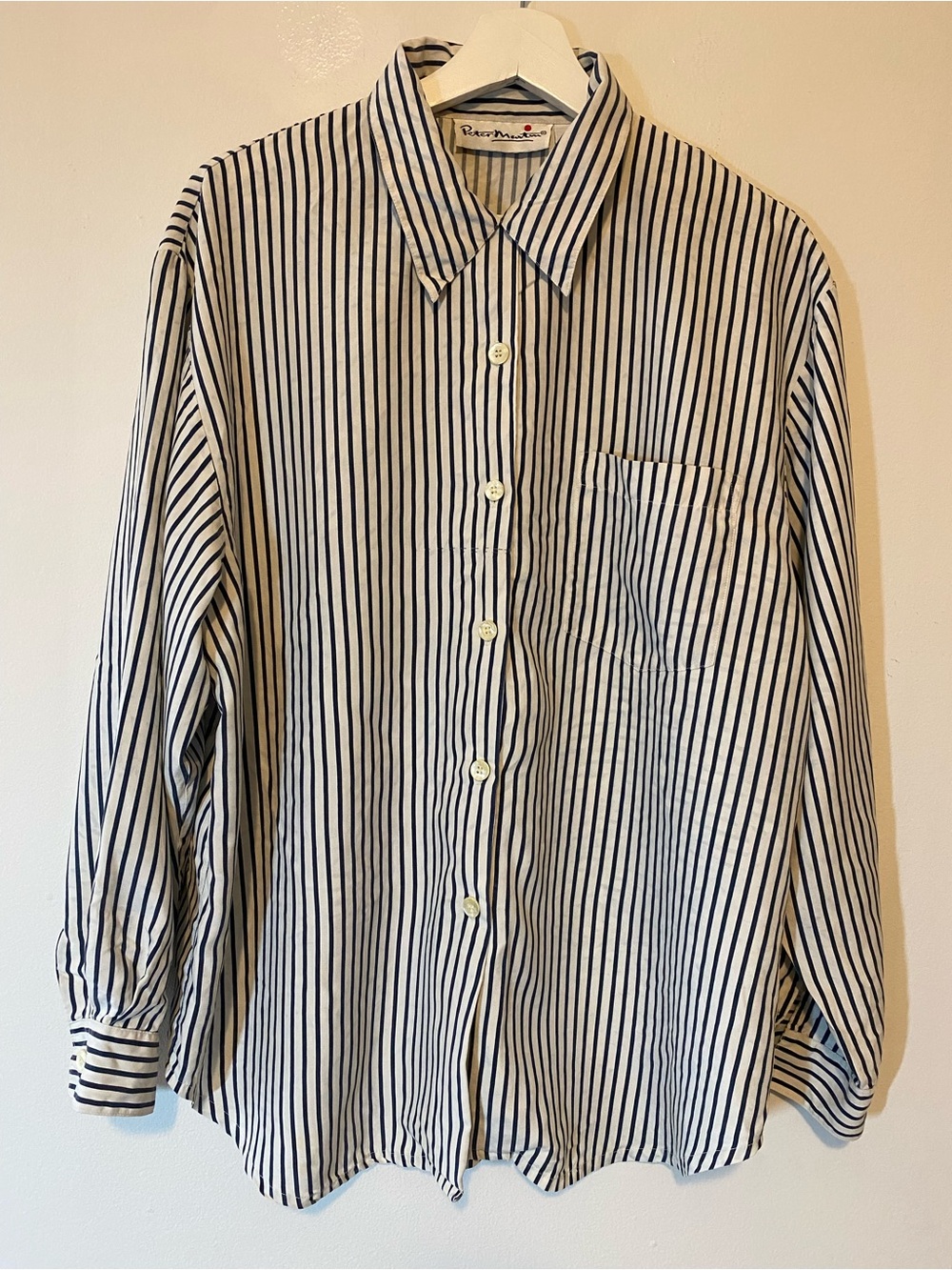 Peter Martin Women's XL 100% Silk Striped Button Up Shirt Long Sleeve Blue White